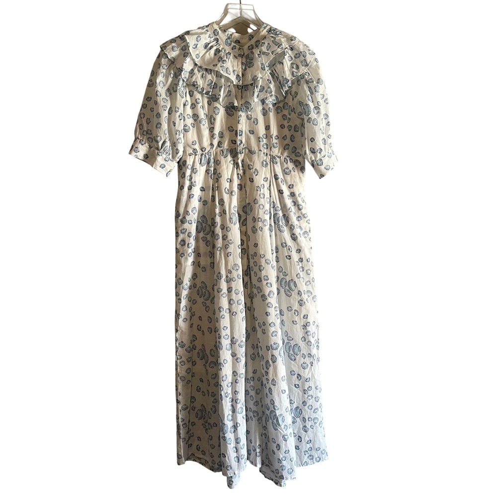 India Amory Seashell Cottagecore Lightweight Midi Dress Size S Blue White Boho